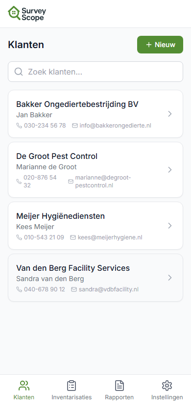 SurveyScope app – klantenlijst